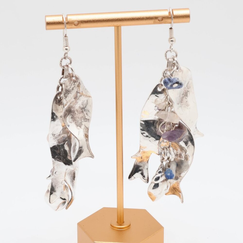 Vintage Sterling Silver Lapis Lazuli Amethyst Fish Dangle Earrings